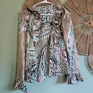 Roberto Cavalli 100% Silk Ruffle Top Cheetah Print Cardigan Blouse
